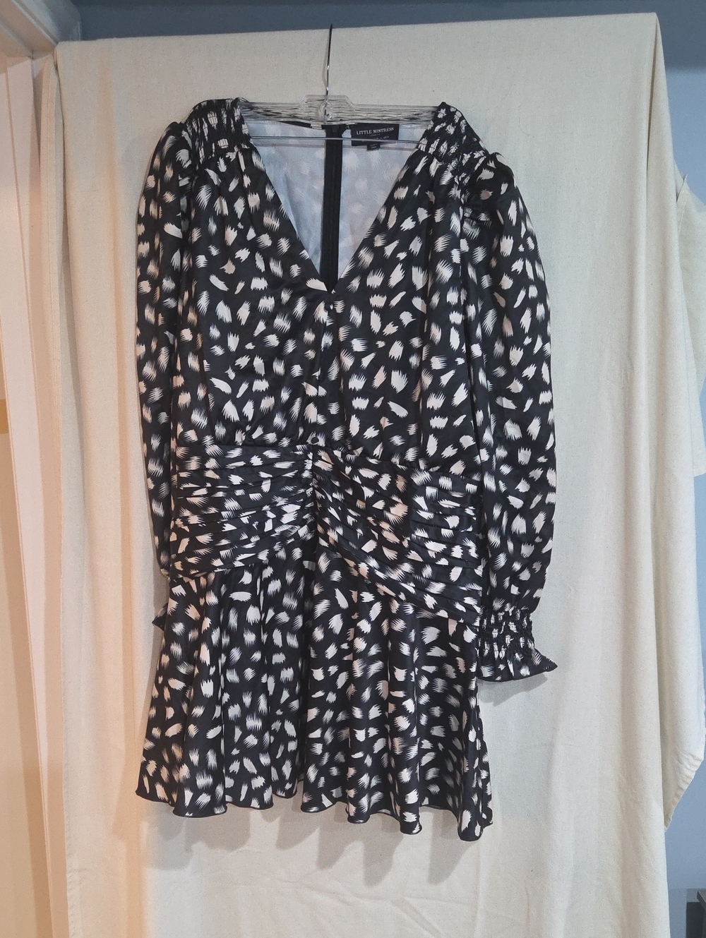 Little Mistress Black and White Printed V-Neck Ruched Midi Dress